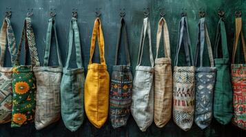 A row of colorful bags hanging on a wall photo