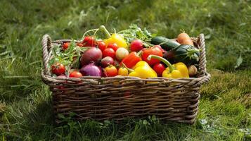 A basket filled with various vegetables on the grass photo