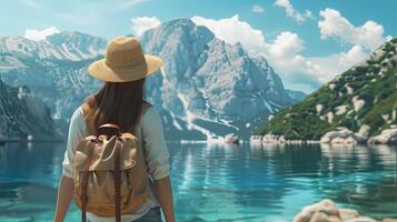 A woman with a backpack looking at the mountains and water photo