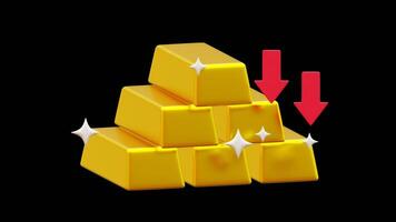 Gold Bars Price Decrease. Rising Gold Bars with Red Down Arrows and Sparkles animation video