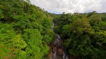 Dynamic FPV flight over the lush jungle with river and waterfall in Thailand video