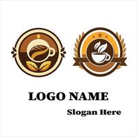 Coffee Shop Logo Design Two Brown Cups, Leaves, Stars vector