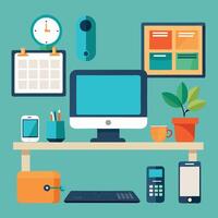 Modern Flat Design Workplace Desk, Computer, Phone, Calendar vector