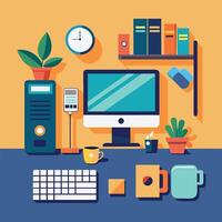 Modern Workplace Setup Computer, Keyboard, Plants, Coffee, Books vector