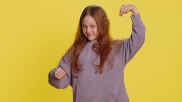 Child girl kid pointing down, saying to subscribe, gesturing ok, like, showing place for information video