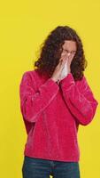 Unhealthy ill sick teenager girl sneezes wipe snot into napkin coughing with seasonal flu symptoms video