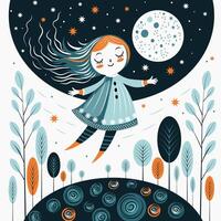 happy girl jumping against the background of the starry sky vector