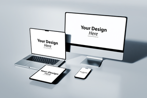 A computer, tablet and phone mockup on a white surface psd