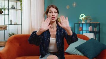 Woman says No hold palm folded crossed hands, warning of finish, prohibited access stop gesture video