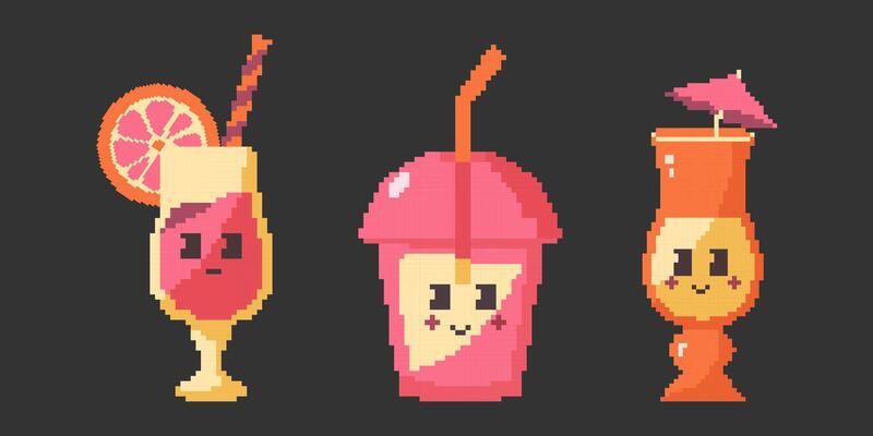 Set of colourful cocktails in pixel art style