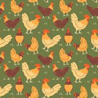 Cute chickens seamless pattern on green background vector