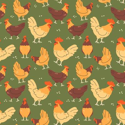 Cute chickens seamless pattern on green background