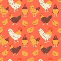 Cute hens and chickens seamless pattern on light background vector