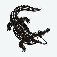 A bold, black silhouette of an alligator, presented in a dynamic, aggressive stance with its mouth wide open. vector