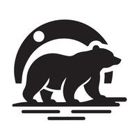 A stylized, black and white graphic design showcasing a bear silhouetted against a tranquil nocturnal mountain landscape. vector