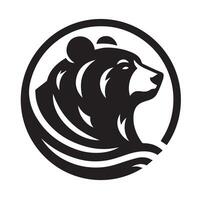 A bold, black silhouette of a bear standing amidst a cluster of pine trees. vector