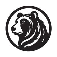 black and white graphic of a bear set against a backdrop of a serene mountain and forest landscape. vector