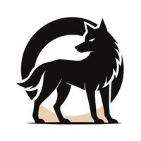 A bold, stylized silhouette of a wolf positioned within a circular moon shape. vector