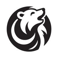 A stylized, black and white graphic of a bear's head and shoulders, set within a circle. vector