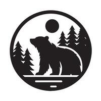 A powerful, minimalist silhouette of a bear standing on a stylized shoreline at night, encircled by a circle. vector