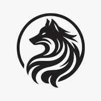 black and white silhouette of a wolf howling at the moon, set against a backdrop of stylized pine trees and a crescent moon. vector
