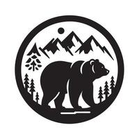 A simple, black and white silhouette of a bear walking through a mountain landscape with pine trees and a sun. vector