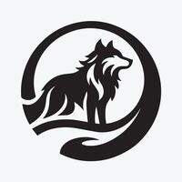 A bold, stylized graphic of a wolf's head, in profile view, set within a circular frame. vector