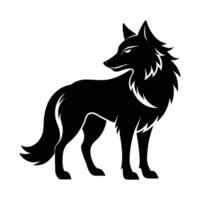 Silhouetted wolf under a moon, a powerful logo design A strong, stylized silhouette of a wolf, facing to its side, is set against a plain white background. vector
