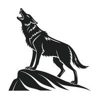 black silhouette of a wolf howling at the peak of a mountain. vector