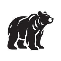 A simple, black and white silhouette of a bear set against a backdrop of mountains, forest, and a subtle moon. vector