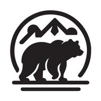 A stylized black and white graphic of a bear walking through a serene mountain landscape at night. vector