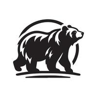 impactful silhouette of a bear standing by a body of water, surrounded by stylized trees, against a backdrop of a serene landscape. vector