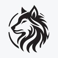 Powerful Wolf Logo Design in Black and White A stylized, profile view of a wolf's head and shoulders, presented in a circular design with a dynamic, flowing pattern. vector