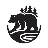 A stylized, black and white graphic of a bear standing in a serene forest at night. vector