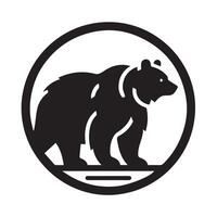 A bold, black and white silhouette of a bear walking across a body of water, within a circular frame with stylized mountain and water elements. vector