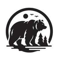 black and white graphic of a bear's head and shoulders, set within a circle. vector