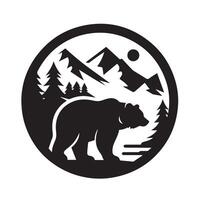 black-and-white illustration of a bear standing in grass. vector
