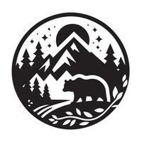 black and white silhouette of a bear standing by a serene lake in a forest. vector