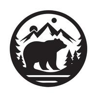 silhouette of a bear standing amidst a mountain range and forest. vector