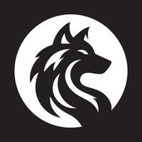 A striking black and white graphic of a wolf's head profile, set against a dark background. vector