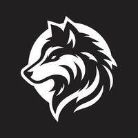 stylized graphic of a wolf's head, presented in a clean, black and white color scheme against a dark navy background. vector
