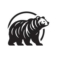 black silhouette of a bear standing on a stylized mountain or hilltop, with a small pine tree in the foreground. vector