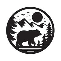 This black and white, vintage-style graphic features a bear's head in profile, facing to the right, set within a circular frame. vector