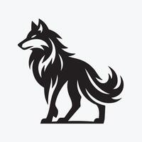 A stylized, black and white graphic of a wolf's head in profile view, set within a circular frame. vector