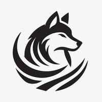 This stylized, black and white graphic displays a wolf's head and mane within a circle. vector