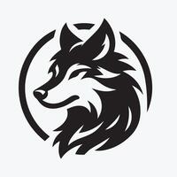 A stylized, black and white logo of wolf's head and flowing mane tail, set within a circular frame. vector