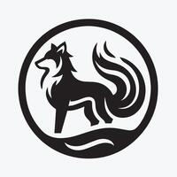 black and white silhouette of a wolf, set against a backdrop of mountains, a crescent moon, and water. vector