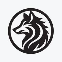 A bold, black-and-white silhouette of a wolf positioned within a circular frame, suggestive of a logo or graphic element. vector