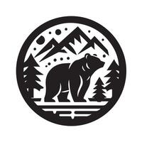 A bold, stylized silhouette of a bear against a circle representing the night sky, complete with a crescent moon and stars. vector