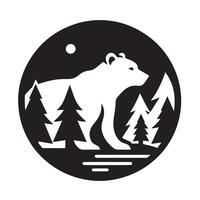 Black and white bear logo in a mountain and forest scene. vector